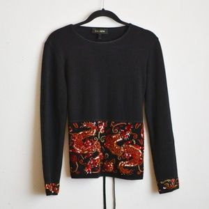 Escada wool sweater red sequin fall size Medium casual waist strap